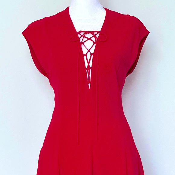 Stella McCartney- Red Silk A-line Short Sleeve Dress with Deep V - Picture 3 of 4